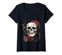 Donna Teschio Gotico Rose Rosse Biker Tattoo Vintage Angelo Skull Maglietta con Collo a V