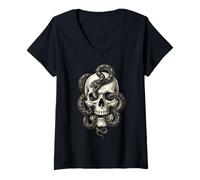 Donna Teschio Gotico Serpente Tatuaggio Scuro Stile Nero Grafico Bianco Maglietta con Collo a V