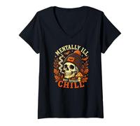 Donna Teschio mentalmente malato ma Totalmente Freddo Halloween Maglietta con Collo a V