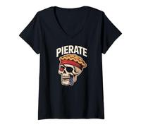 Donna Teschio Pirata con Cappello da Torta Divertente Design Maglietta con Collo a V