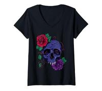 Donna Teschio Rosa Illustrazione Scuro Estetica Gotica Floreale Maglietta con Collo a V