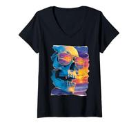 Donna Teschio Tropicale in Occhiali da Sole Tramonto Estate Gotico Summerween Maglietta con Collo a V