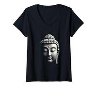 Donna Testa di Buddha Arte Zen Spirituale Maglietta con Collo a V