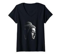Donna Testa di Buddha Arte Zen Spirituale Maglietta con Collo a V