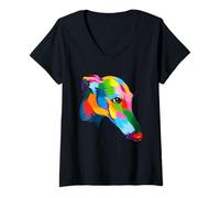 Donna Testa di Levriero Italiano Astratto - Artistico Multicolore Maglietta con Collo a V