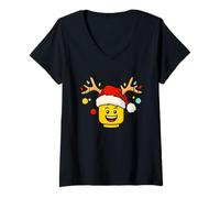 Donna Testa di Mattoni di Costruzione di Natale con Le luci delle Corna del Cappello di Babbo Natale Maglietta con Collo a V