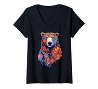 Donna Testa d'orso Floreale con Animali Selvatici Mandala Foresta Maglietta con Collo a V