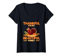 Donna Thankful for My Beautiful Family, Motivo Tacchino del Ringraziamento Maglietta con Collo a V