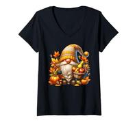 Donna Thankful Thanksgiving GNOME with Autumn Leaves Fall Pumpkins Maglietta con Collo a V