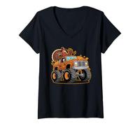 Donna Thanksgiving Turkey Monster Truck Cartoon per Bambini Maglietta con Collo a V