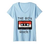 Donna The 80's Rock - Nastro a Cassetta per Camicia, Stampa Nera Maglietta con Collo a V