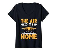 Donna The Air Is My Home Aereo Fly Aviazione Aereo Appassionato Maglietta con Collo a V