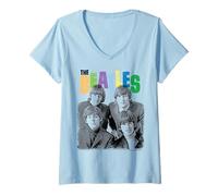 Donna The Beatles - Design retrò Pop a Strati di Colore Maglietta con Collo a V