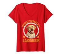 Donna The Best Therapy Is A Labrador Maglietta con Collo a V, Rosso, L