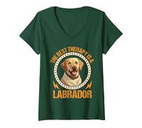 Donna The Best Therapy Is A Labrador Maglietta con Collo a V, Verde Foresta, L