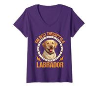 Donna The Best Therapy Is A Labrador Maglietta con Collo a V, Viola, L