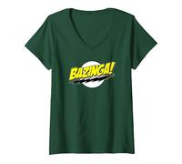 Donna The Big Bang Theory Sheldon Bazinga Maglietta con Collo a V, Verde Foresta, S