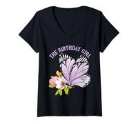 Donna The Birthday Girl Butterfly Party Viola Bambini Ragazze Donne Maglietta con Collo a V