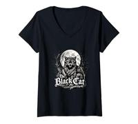 Donna The Black Cat Gothic Vintage Horror Design Maglietta con Collo a V