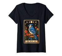 Donna The Blue Jay Bird Tarocchi Witchy Moon Maglietta con Collo a V