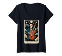Donna The Cello Dude Violoncellista Scheletro Tarocco Carta Witchy Moon Maglietta con Collo a V