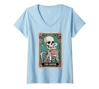Donna The Coffee Tarot Card Skeleton Halloween Coffee Lover Maglietta con Collo a V