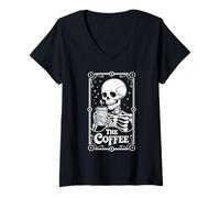 Donna The Coffee Tarot Card Skeleton Halloween Coffee Lover Maglietta con Collo a V