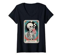 Donna The Coffee Tarot Card Skeleton Halloween Coffee Lover Maglietta con Collo a V