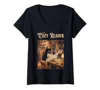 Donna The Cozy Reader Black Cat Book Cafe Ramen Coffee Library Art Maglietta con Collo a V