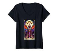 Donna The Devil Tarocco Carta Strega Cat Bats Mystic Maglietta con Collo a V
