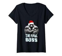 Donna The Final Boss Silverback - Cappello da Babbo Natale con Gorilla Maglietta con Collo a V