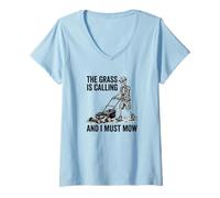 Donna The Grass Is Calling And I Must Mow Skeleton Divertente papà Maglietta con Collo a V