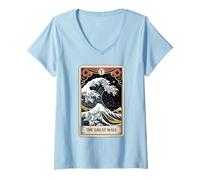 Donna The Great Wave off Kanagawa Tarocchi Notte Opera d'Arte Giappone Maglietta con Collo a V