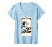 Donna The Great Wave off Kanagawa Tarocchi Opere d'Arte Giappone Maglietta con Collo a V