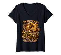 Donna The Holy Trinity Air Fuel Spark Mechanic Divertente Meccanico d'auto Maglietta con Collo a V