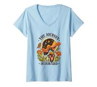 Donna The Journey Is Inward - Vintage Anni '70 Meditazione Art Maglietta con Collo a V