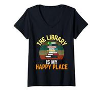Donna The Library Is My Happy Place - Lettore Vintage per bibliotecari retrò Maglietta con Collo a V