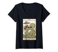 Donna The Lovers Funny Couple Alien Tarocchi Carta Occulto Maglietta con Collo a V