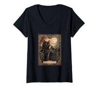 Donna The Lovers Gatto dei Tarocchi Gatto Vintage Occulto Design estetico Maglietta con Collo a V