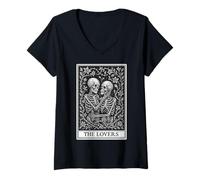 Donna The Lovers Tarocchi Scheletri Incisione Stile Design Maglietta con Collo a V