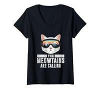 Donna The Meowtains Are Calling Funny Cat Ski Uomini Donne Inverno Maglietta con Collo a V