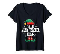 Donna The Music Teacher Elf - Divertente Famiglia Natalizia Abbinata Maglietta con Collo a V