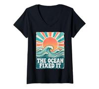 Donna The Ocean Fixed It Retro Beach Waves Sun Maglietta con Collo a V