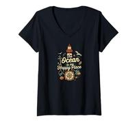Donna The Ocean Is My Happy Place Lighthouse Nautical Design Maglietta con Collo a V