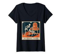 Donna The Personal Trainer Scheletro Tarocco Carta Grafica Vintage Maglietta con Collo a V
