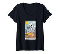 Donna The Photographer Tarot Skeleton Card Design Artistic Camera Maglietta con Collo a V