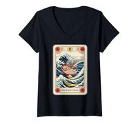 Donna The Ramen Wave Great Wave off Kanagawa Tarocchi Carta Retro Maglietta con Collo a V
