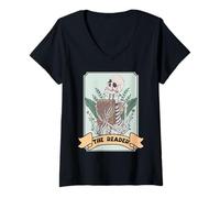Donna The Reader Il Lettore Tarocchi Card Scheletro con Libro Maglietta con Collo a V
