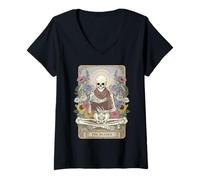 Donna The Reader Tarocchi Scheletro Scheletro Lettura Libro Bookworm Maglietta con Collo a V