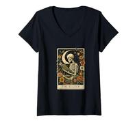 Donna The Reader Tarot Skeleton Moon Floral Book Lover Maglietta con Collo a V